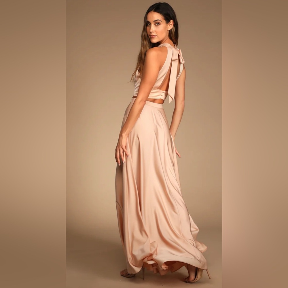 Lulus Strut and Stun Champagne Satin Halter Two-Piece Maxi Dress Size Small - Picture 2 of 14